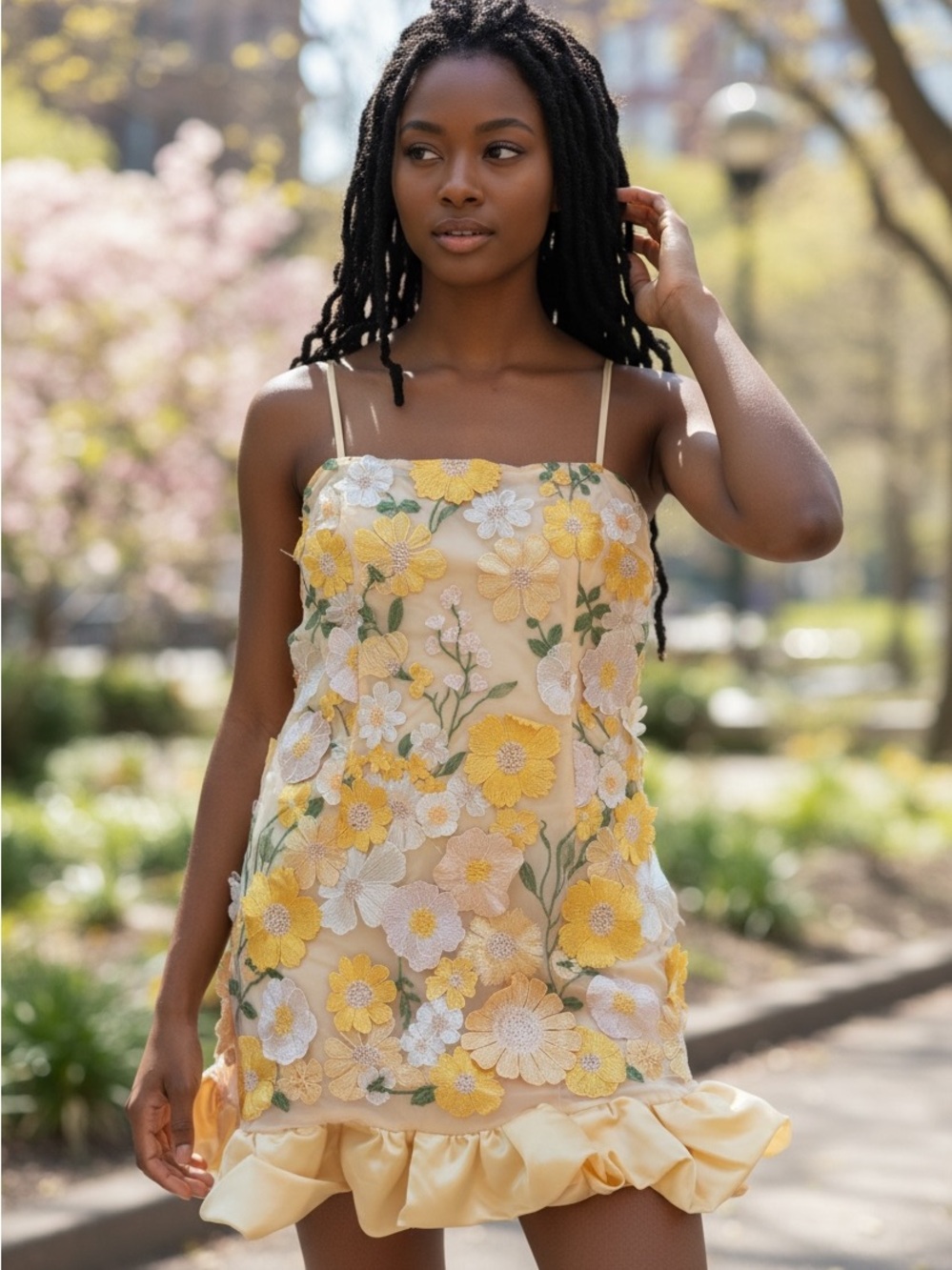 Yellow Fairycore Floral Appliqué Mini Dress with Ruffle Hem